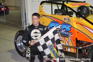 Jimmy McCune in victory lane following his feature victory on Friday at Spartan Speedway. (Bob Buffenbarger Photo)