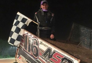 Nick Snyder climbs atop his wing following his first career 360ci sprint car win in Friday's USCS event at Travelers Rest Speedway. (Dawn Snyder photo)