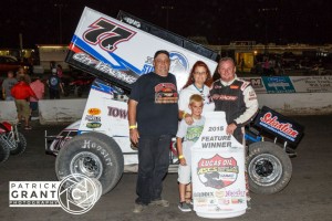 Dallas/Ft.Worth based Sponsor, the Oil Medics, joined Wayne Johnson in Victory Lane after a dominating performance with the Lucas Oil ASCS presented by MAVTV American Real at the Devil's Bowl Speedway. (ASCS / Pat Grant Photo)