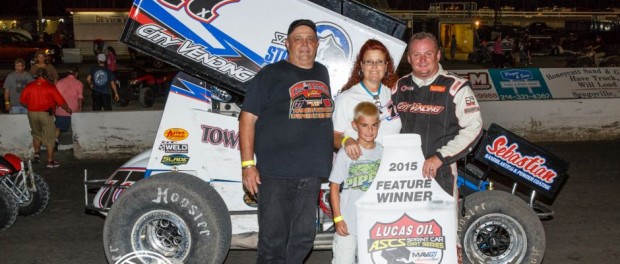 Dallas/Ft.Worth based Sponsor, the Oil Medics, joined Wayne Johnson in Victory Lane after a dominating performance with the Lucas Oil ASCS presented by MAVTV American Real at the Devil's Bowl Speedway. (ASCS / Pat Grant Photo)