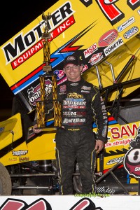 Joey Saldana following his victory on Wednesday night at Kokomo Speedway. (Mike Campbell / Campbellphoto.com)