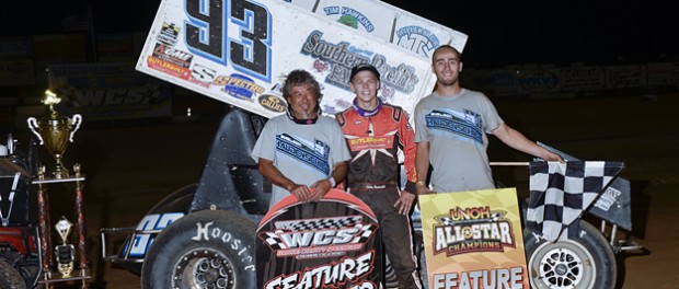 Sheldon Haudenschild along with his crew celebrate their victory Monday night during Ohio Sprint Speedweek at Wayne County Speedway. (Mike Campbell Photo)