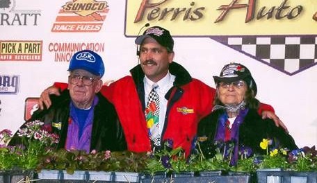 Perris Auto Speedway promoter Don Kazarian with Bill and Evelyn Pratt when they were Grand Marshal's for the Oval Nationals in the early 2000's.