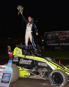 Chase Stockon won the 30 lap USAC “Indiana Sprint Week” feature event at the Gas City I-69 Speedway on Friday night July 10, 2015. (Bill Miller Photo)