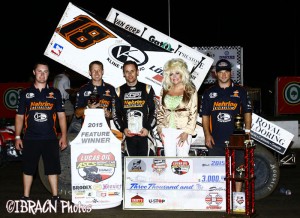 Ian Madsen parked in Victory Lane with the Lucas Oil American Sprint Car Series presented by the MAVTV Motorsports Network for the first time on Thursday night at the I-80 Speedway. (ASCS / Brad Brown)