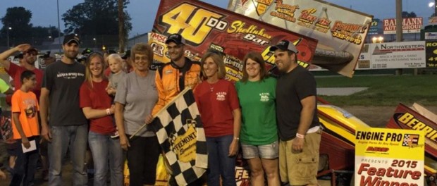 Nate Dussel in victory lane following his first career 410 sprint car victory Saturday at Fremont Speedway. (Trails End Custom Photo)