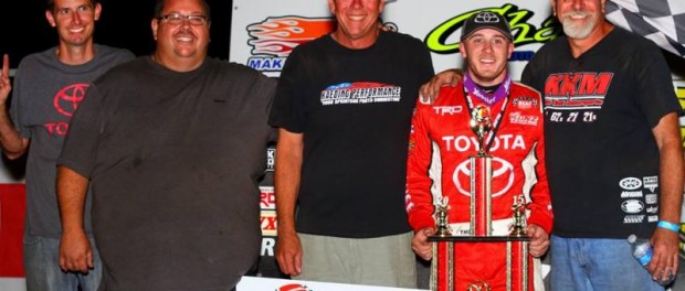 Kevin Thomas, Jr. with the members of Keith Kunz Racing in victory lane Tuesday night after winning the Chad McDaniel Memorial. (Rich Forman Photo)