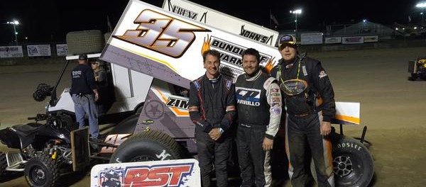 (l to r) Jared Zimbardi, Justin Barger, and Steve Collins at Little Valley Speedway. (Image courtesy of Patriot Sprint Tour)