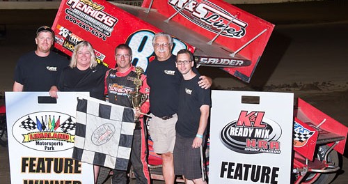 Kyle Sauder in victory lane after winning the NRA Sprint Invader feature at Limaland Motorsports Park.(Mike Campbell Photo)