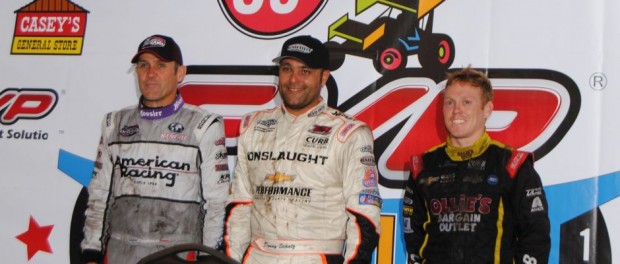 Second place Kerry Madsen, winner Donny Schatz, third place Brad Sweet. (T.J. Buffenbarger Photo)