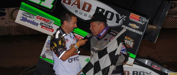 Steve Kinser with announcer Blake Anderson following his victory on Friday at I-96 Speedway. (T.J. Buffenbarger Photo)