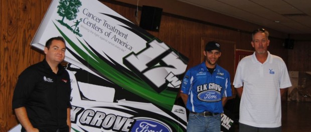 Car owner Matt Wood (left), Bryan Clauson, and David Byrd at the Circular Insanity Tour announcement on Thursday at Knoxville Raceway.  (T.J. Buffenbarger Photo)a