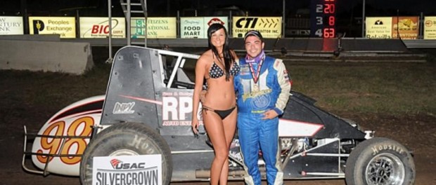 Chris Windom in victory lane following his USAC Silver Crown Series victory at Belleville, KS. (Lonnie Wheatley Photo)