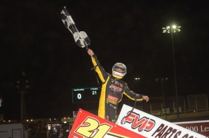 Brian Brown celebrates his first FVP National Sprint League win Sunday night at Huset's (Rob Kocak Photo)