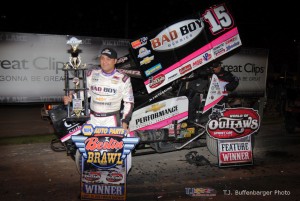 Donny Schatz in victory lane following his victory at Berlin Raceway. (T.J. Buffenbarger Photo)