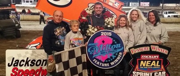 Brad Loyet with family and crew in victory lane at Jacksonville Speedway. 