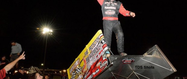 Justin Sanders celebrates his 20th win of the 2015 season. (Image courtesy of Peterson Media)