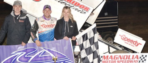 Seth Bergman raced into the United Sprint Car Series prsented by K&N victory lane in the 30 lap 20th season opener at Magnolia Motor Speedway on Saturday night.(Phil Bowden photo)