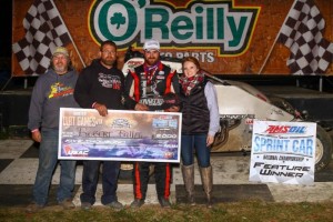 Robert Ballou in victory lane after winning Friday night's USAC AMSOIL Sprint Car National Championship feature at Bubba Raceway Park in Ocala, Florida. (Rich Forman Photo)