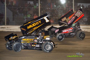 Dale Blaney (#1) racing with Chris Andrews (#73) Saturday at Attica Raceway Park. (Mike Campbell Photo)