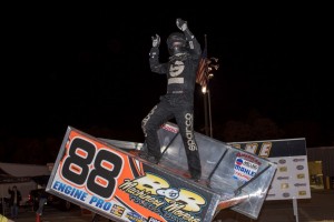 Jimmy McCune celebrates his victory Friday at Anderson Motor Speedway. (Chris Seelman Photo)