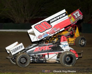 Cory Eliason (#00) racing with Justin Sanders (#17).  (Chuck Fry Photo)