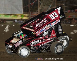 Joey Saldana (#83) racing close with Daryn Pittman (#9) Friday at Bakersfield Speedway. (Chuck Fry Photo)