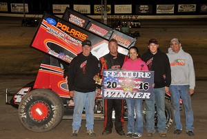 C.J. Johnson and crew in victory lane at Dodge City Raceway Park. (Lonnie Wheatley Photo)