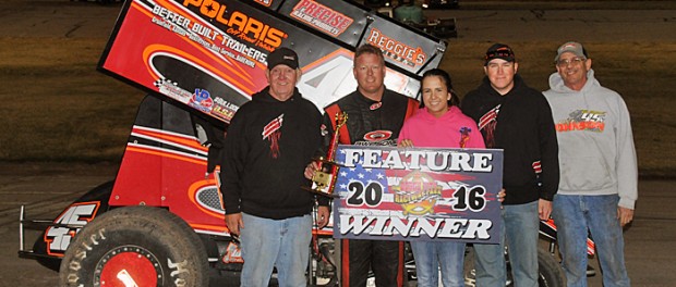 C.J. Johnson and crew in victory lane at Dodge City Raceway Park. (Lonnie Wheatley Photo)