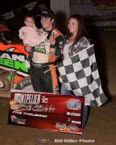 Brady Bacon in victory lane with his family following his feature win Saturday night at Montpelier Motor Speedway. (Bill Miller Photo)