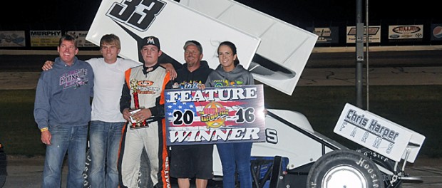 Koby Walters with his team in victory lane Saturday night at Dodge City Raceway Park. (TWC Photo)