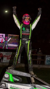 Bryan Clauson celebrates in victory lane Friday night after winning his fourth consecutive USAC AMSOIL National Sprint Car feature at Bloomington (Ind.) Speedway. (Ryan Sellers Photo)