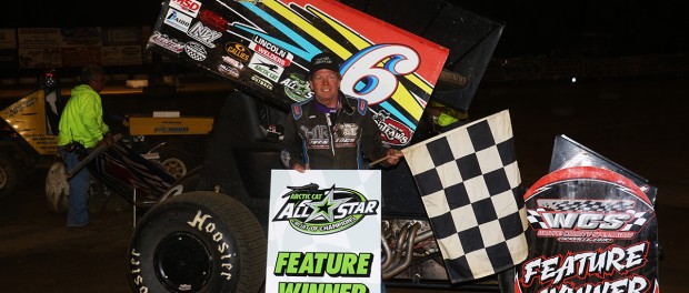 Jac Haudenschild in Wayne County Speedway victory lane on Saturday, April 16. (DB3 Imaging Photo)