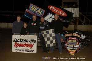 Jerrod Hull in victory lane following his victory with the Neil Tire MIdwest Open Wheel Association at Jacksonville Speedway. (Mark Funderburk Photo)
