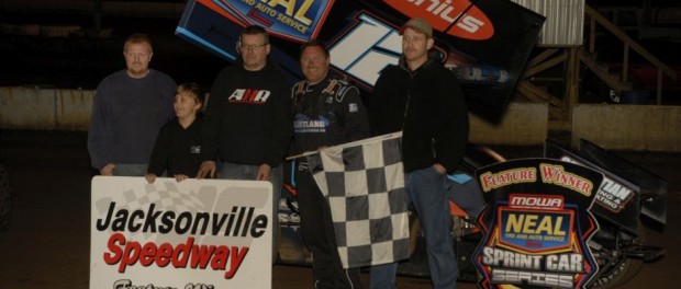 Jerrod Hull in victory lane following his victory with the Neil Tire MIdwest Open Wheel Association at Jacksonville Speedway. (Mark Funderburk Photo)