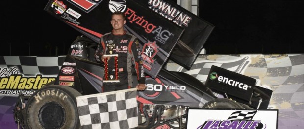 Parker Price-Miller following his victory at LaSalle Speedway. (Mark Funderburk Photo)