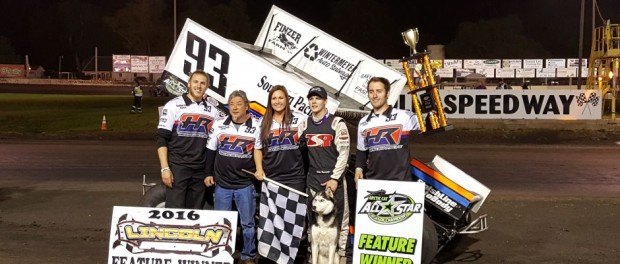 Sheldon Haudenschild with team in Lincoln (Ill.) Speedway victory lane. ( Jason Brown Photo)