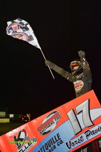 Jared Horstman celebrating his victory Friday night with the K&L Ready Mix National Racing Alliance at Limaland Motorsports Park. (Mike Campbell Photo)