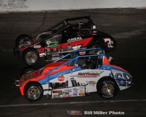 Tanner Swanson (#69) passing Caleb Armstrong (#69) during the Pay Less Little 500. (Bill Miller Photo)