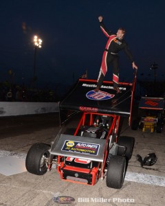 Chris Neuenschwander after winning the sprint car feature event at the Anderson Speedway on Wednesday Night. (Bill Miller Photo)