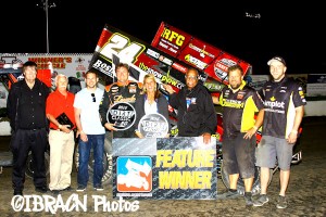Terry McCarl in victory lane following his victory with the National Sprint League during the Dirt Classic at I-80 Speedway. (Brad Brown/IBRACN Photo)