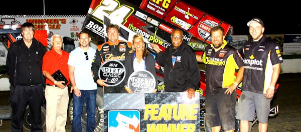 Terry McCarl in victory lane following his victory with the National Sprint League during the Dirt Classic at I-80 Speedway. (Brad Brown/IBRACN Photo)