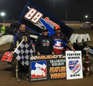 Tim Crawley, A.G. Rains , and Andy McElhannon in victory lane at I-30 Speedway. (Image courtesy of the NSL)