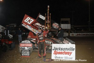 Joey Saldana following his victory Wednesday night with the World of Outlaws Craftsman Sprint Car Series at Jacksonville Speedway. (Mark Funderburk Photo)