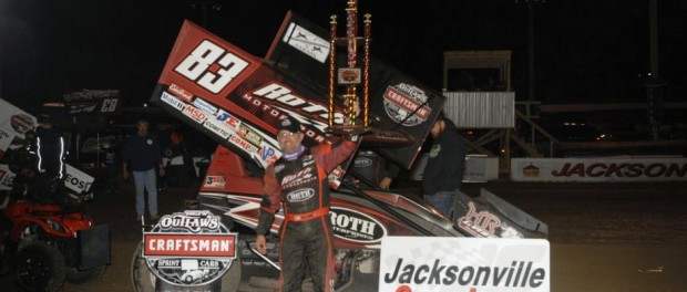 Joey Saldana following his victory Wednesday night with the World of Outlaws Craftsman Sprint Car Series at Jacksonville Speedway. (Mark Funderburk Photo)