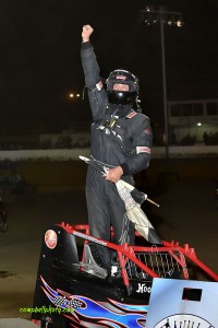 Steve Irwin climbs out of the car following his Buckeye Outlaw Sprint Series victory at Limaland Motorsports Park. (Mike Campbell Photo)