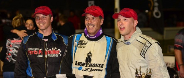 Keith Shampine (left), Pat Lavery (center), and Michael Barnes (right) were the podium finishers in tonight's Novelis Supermodified Spring Championship at Oswego Speedway.  (Bill Taylor Photo)