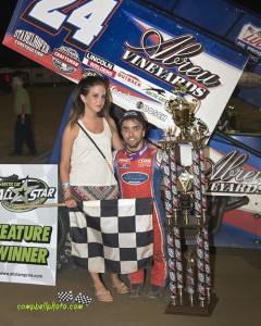 Rico Abreu in victory lane following his feature victory Monday night at Wayne County Speedway with the Arctic Cat All Star Circuit of Champions. (Mike Campbell Photo)