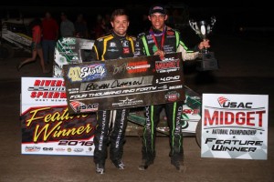 Bryan Clauson in victory lane with Rickie Stenhouse Jr. following his victory at Riverside International Speedway. (Rich Forman Photo)