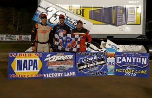 (l to r) Third place Steve Poirier, winner Mike Mahaney, and second place Danny Varin following the opening night of Central New York Speedweek at Brewrton Speedway. (ESS Photo)